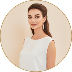 Circular portrait of Fatima Al-Mulla, a Middle Eastern woman, wearing an elegant abaya, against a warm cream background.