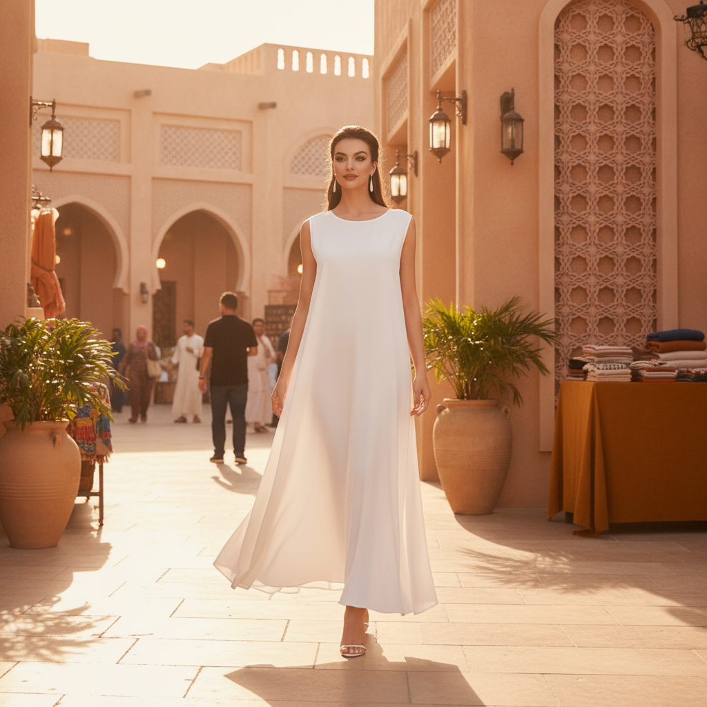 Woman in a flowing AMIRA two-piece abaya set walking through a luxurious Middle Eastern market at sunset.
