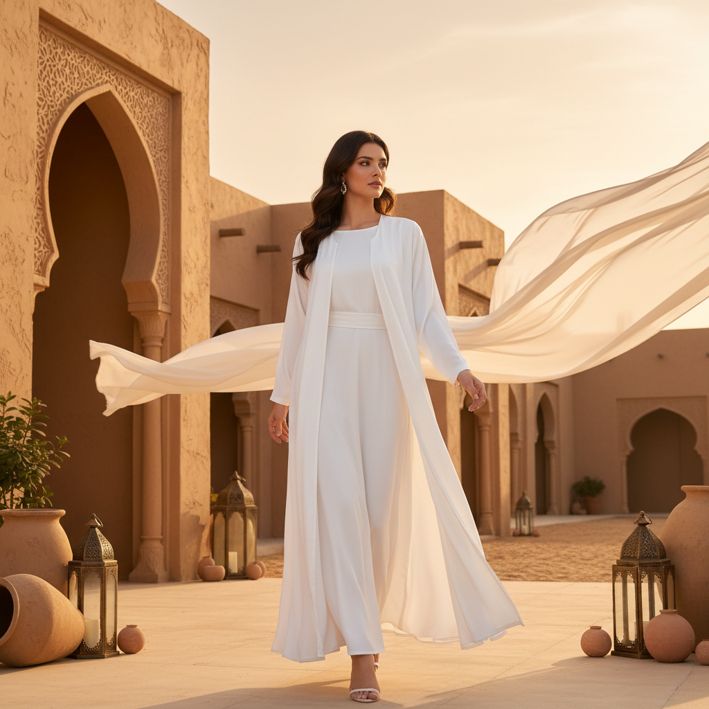 Woman in a flowing AMIRA two-piece abaya set walks through a luxurious desert-inspired setting at sunset, with majestic archi