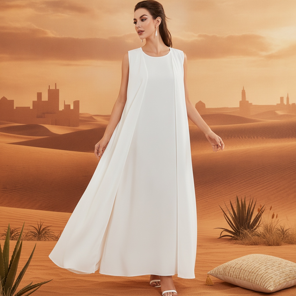 Diverse model wearing the AMIRA two-piece abaya set, photographed candidly against a desert-inspired backdrop at sunset.