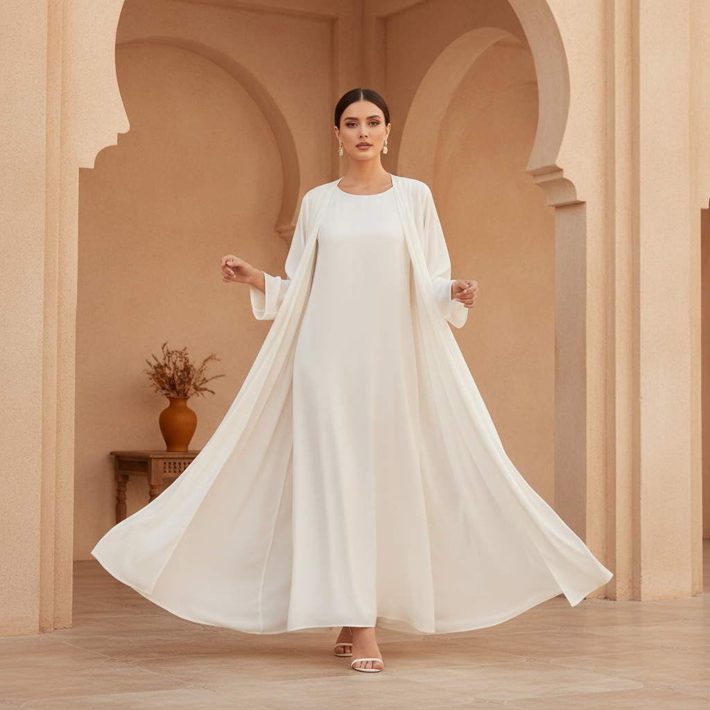 A diverse woman models the AMIRA two-piece abaya set in a candid, editorial-style square photo, set against a luxurious, dese