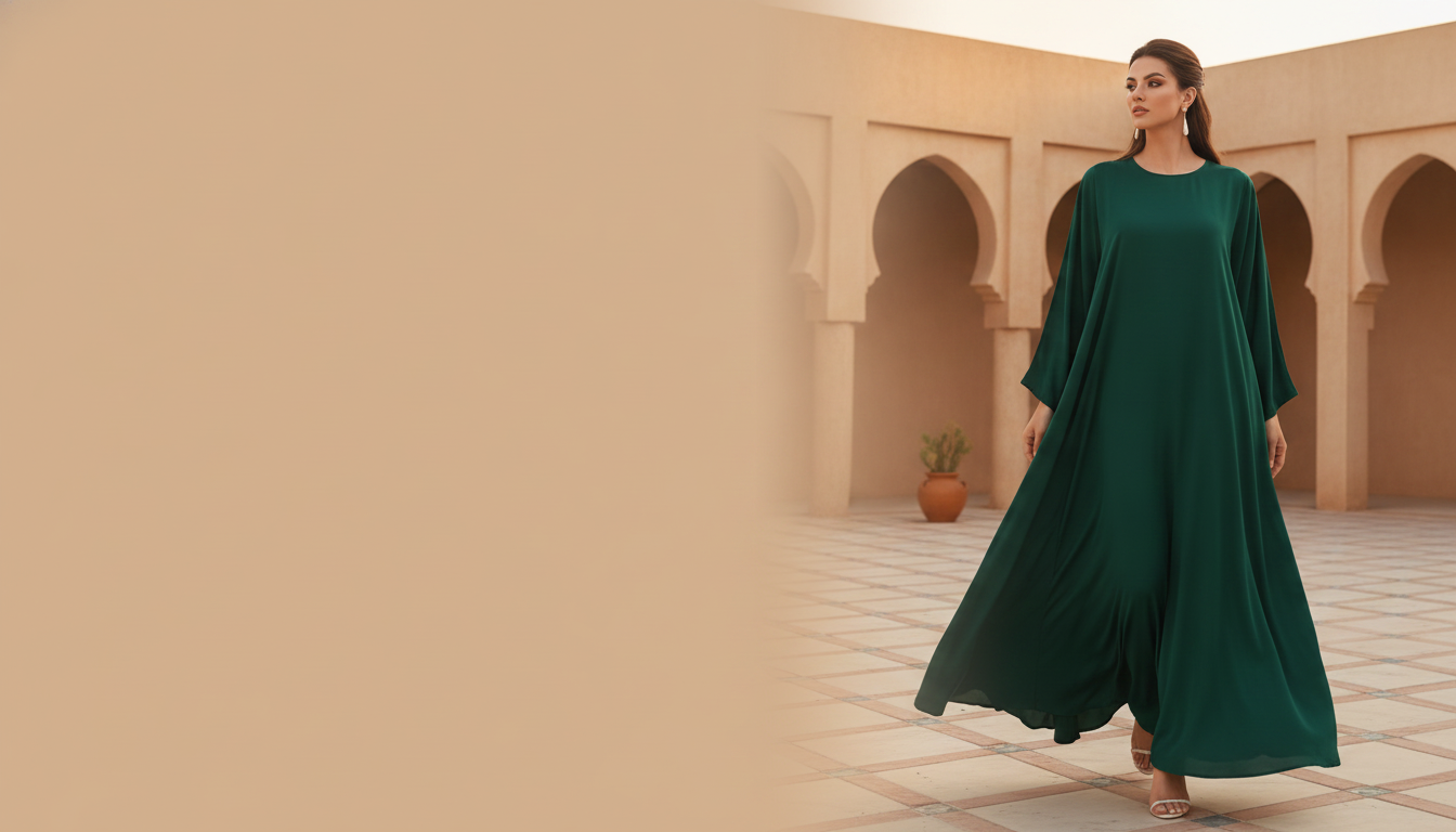 Woman in a flowing emerald green AMIRA abaya set walks through a luxurious Middle Eastern courtyard at sunset, warm light on 