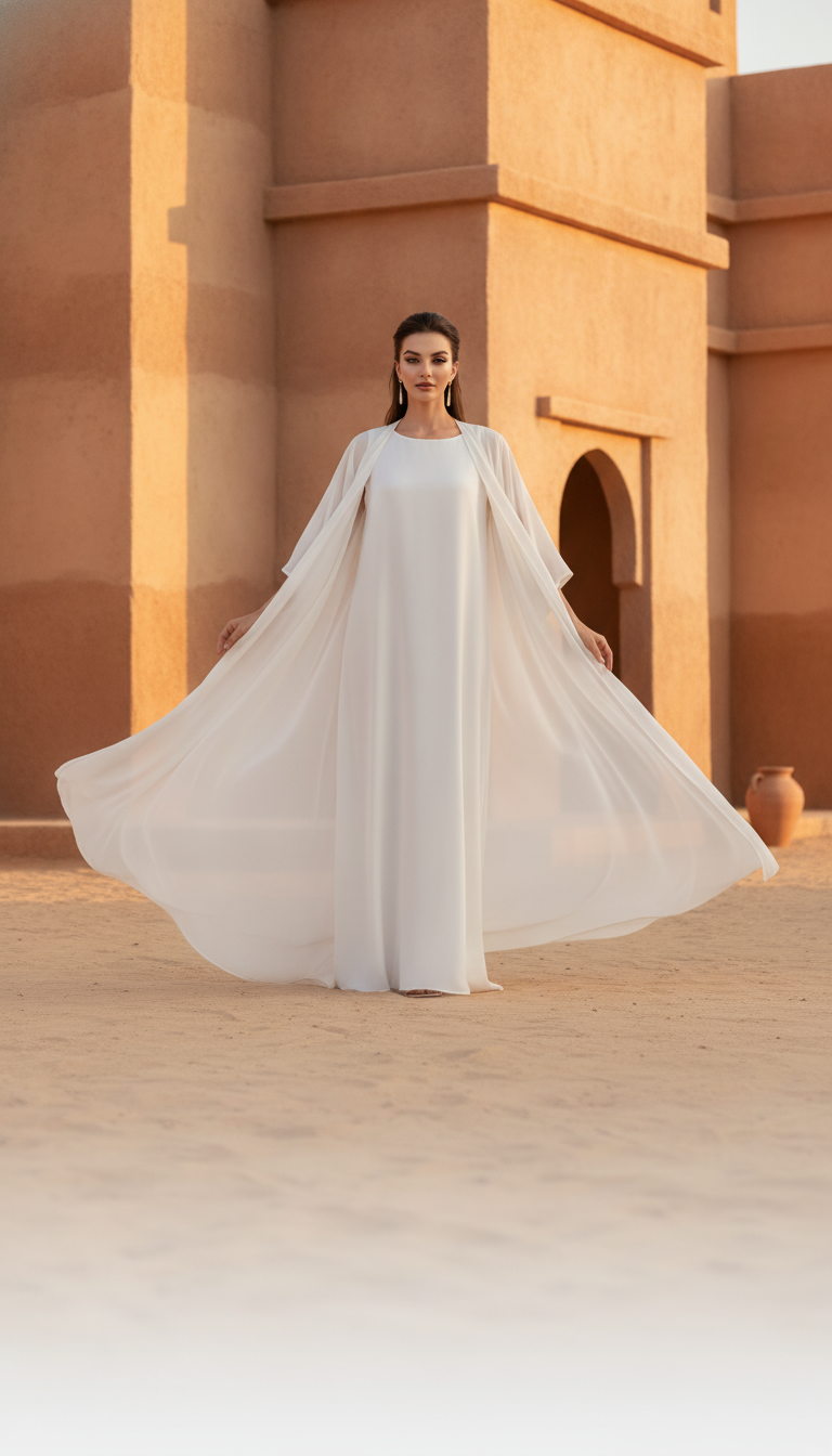 Woman in an elegant AMIRA two-piece abaya set, centered against a majestic Arabian architectural backdrop at sunset, with a c