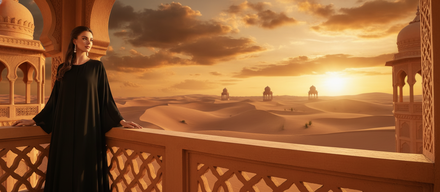 An elegant woman in a royal black AMIRA abaya stands on a balcony, overlooking a desert sunset with majestic Arabic architect