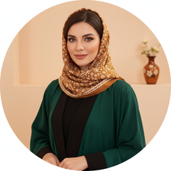 Portrait of Zahra Hussain, a woman with an inviting smile, wearing elegant modest fashion in deep emerald green and royal bla