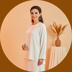 Leila Mansour, a woman with a warm smile, wearing a modest, elegant two-piece abaya set, in a studio with a soft peach backgr