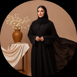 Circular portrait of Amira Bakri, a woman with a warm expression, wearing a royal black AMIRA abaya set against a soft peach 
