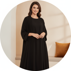 Circular portrait of Safa Qabbani, a woman with a warm smile, wearing a royal black AMIRA abaya. The background is soft and c