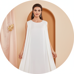 Circular portrait of Arab woman Hana Al-Sayed, smiling gently, wearing a sophisticated AMIRA two-piece abaya set with a clean